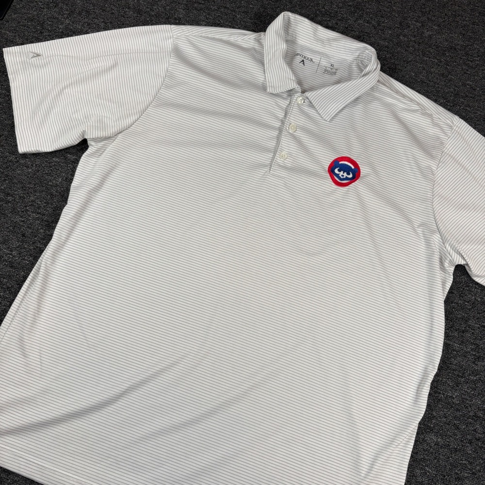 Antigua Polo Shirt Mens XL White Striped Chicago Cubs Embroidered Performance